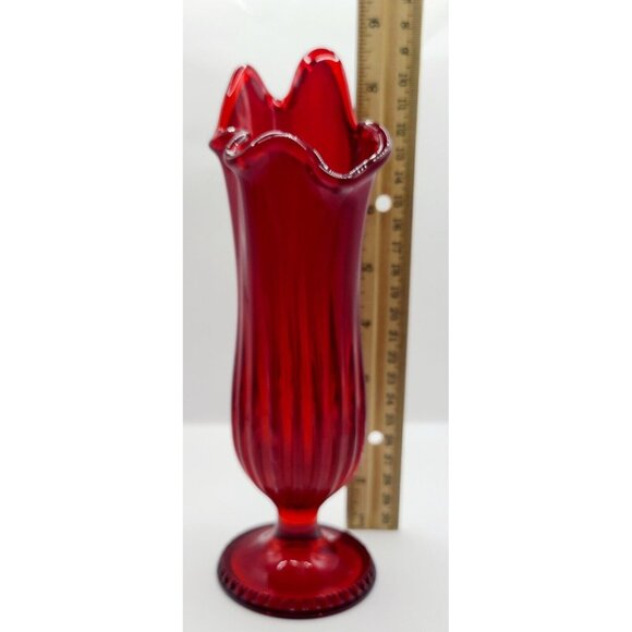 Old Virginia Glass Fenton MCM Red Swung Vase 8.5" Ribbed Footed Base Vintage - Picture 8 of 12